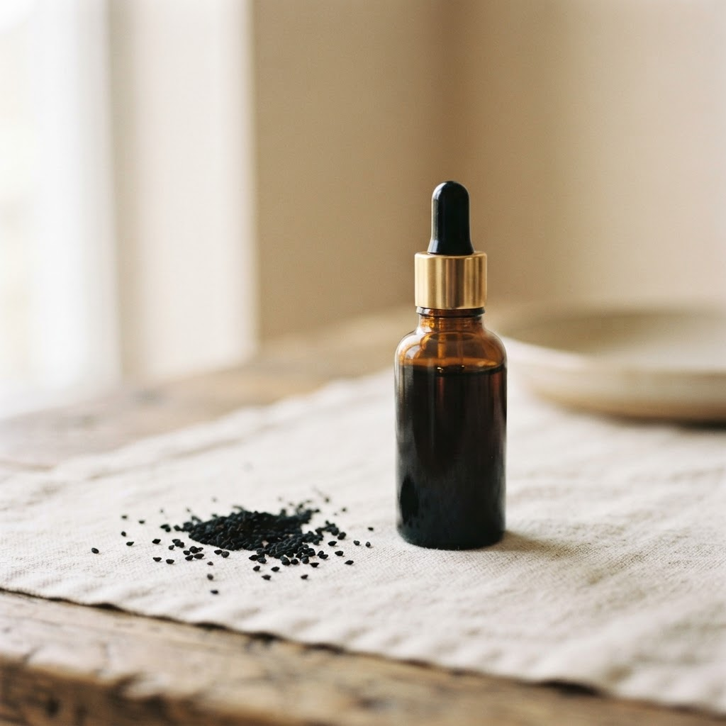 Braunglasflasche mit Schwarzkümmelöl neben Schwarzkümmelsamen