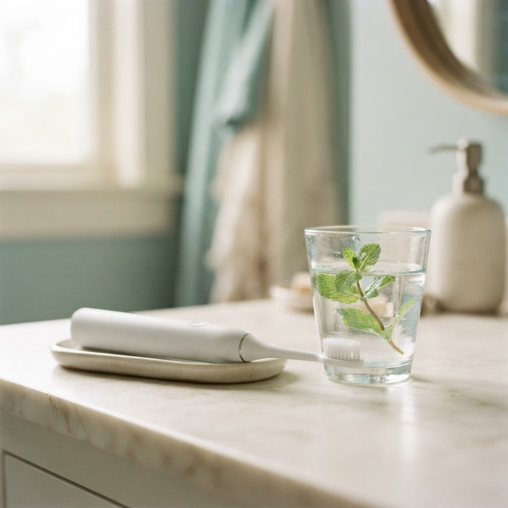 Zahnbürste und ein Glas Wasser auf einer hellen Badezimmerablage